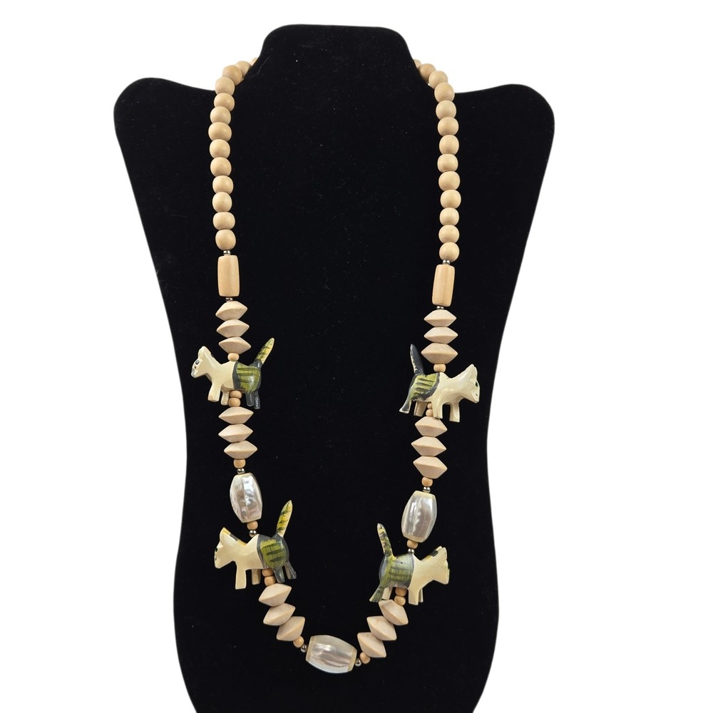 Vtg 80s Folk Art Cat Lady‎ Statement Necklace Carved Wood Cats & Beads 28"